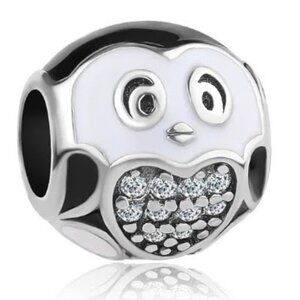 Sterling Silver 925 White & Black Enamel and Rhinestones Penguin Bracelet Charm